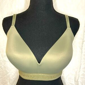 PINK VICTORIA’S SECRET olive green Wear Everywhere wireless bra. Size 36 DD.